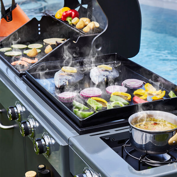 Barbecue Bi Energy Gun Metal Plancha gaz Barbecue charbon Bruleur lateral 3 modes cuisson Brasero