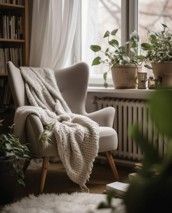 Plaid blanc sur fauteuil blanc