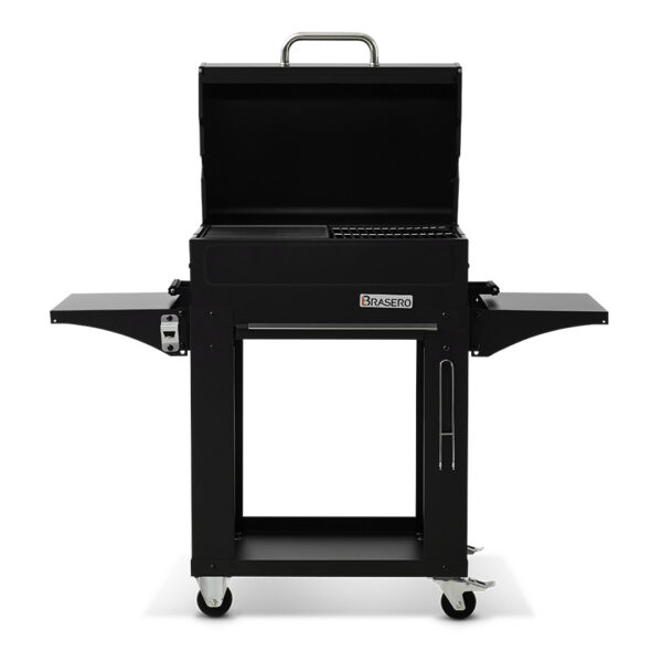 Barbecue bois charbon Almeria surface de cuisson grill et plancha barbecue charbon bois tablettes laterales chariot tablette inferieure Brasero