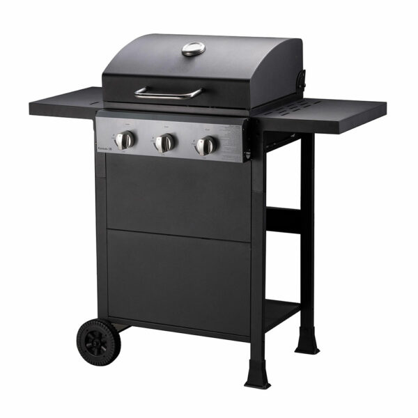 Barbecue 3 feux gaz sur chariot tablettes rabattables 2 roues noir